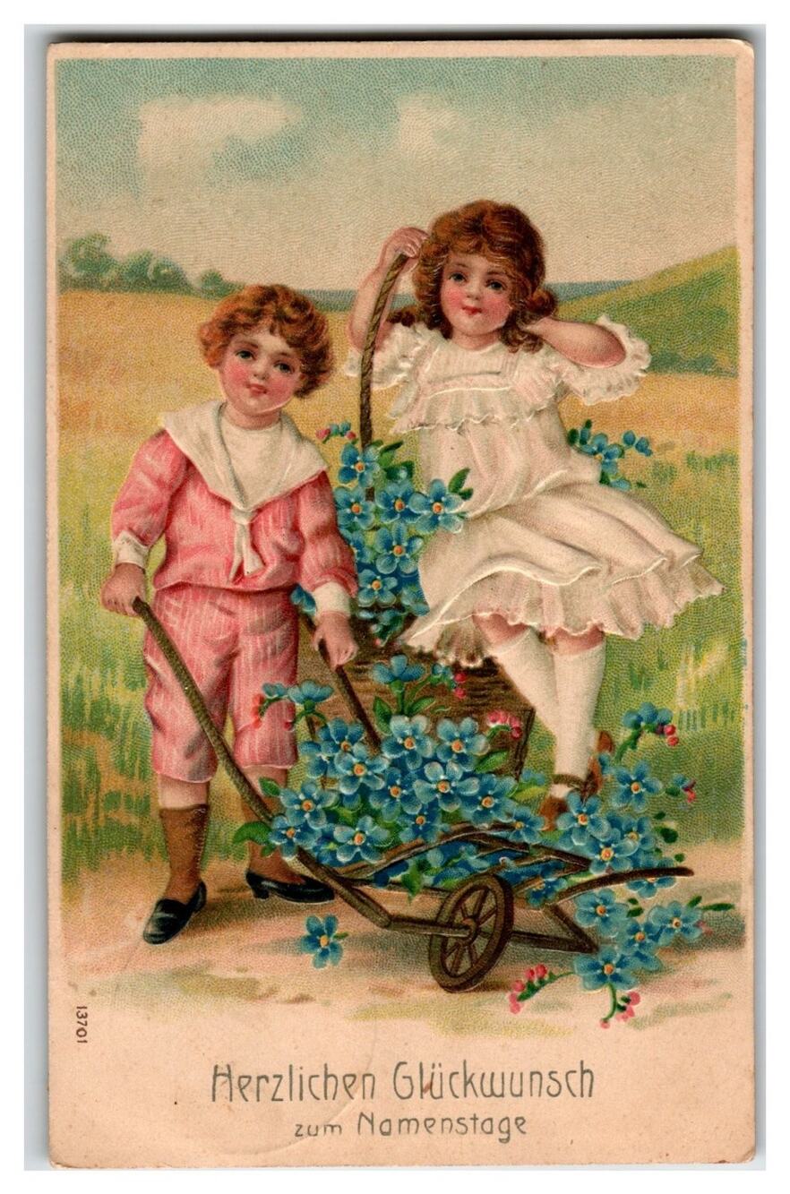 Antique Children & Forget-Me-Nots Postcard, German Name Day Greeting 1908